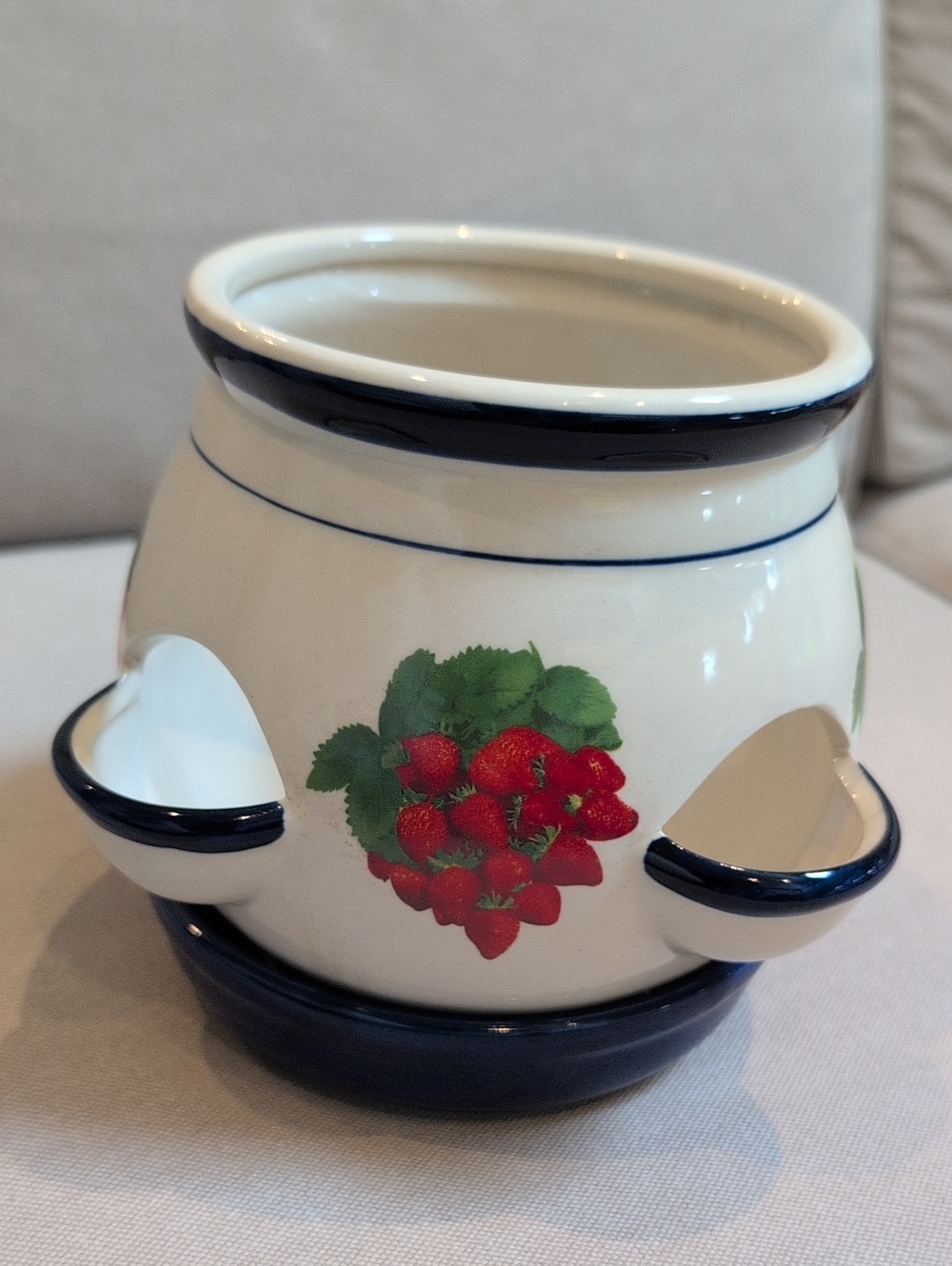 Vintage Ceramic Strawberry Decorative Planter Pot 4 Planting Pockets Blue Saucer